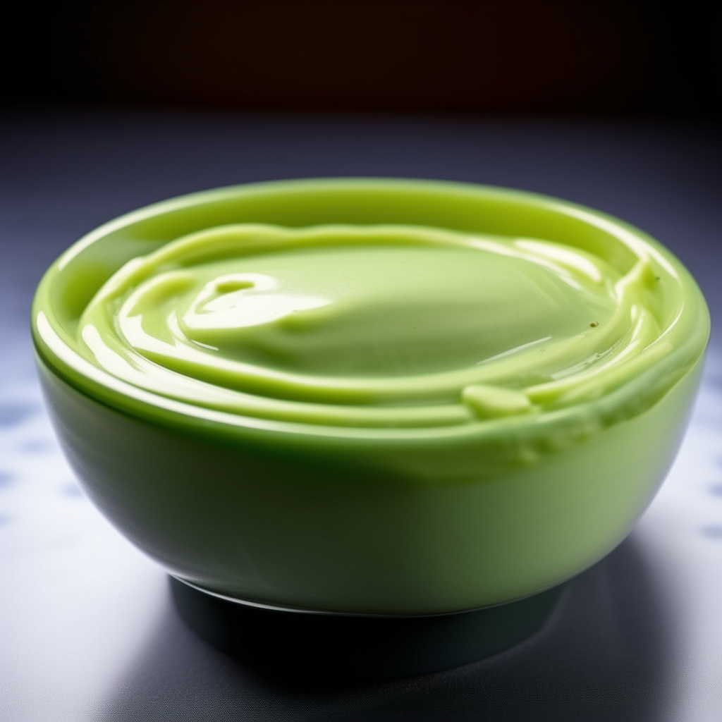 Bowl of smooth, creamy green vegetable baby food purée, no visible pieces, photographed at an angle with bright studio lighting and razor sharp focus