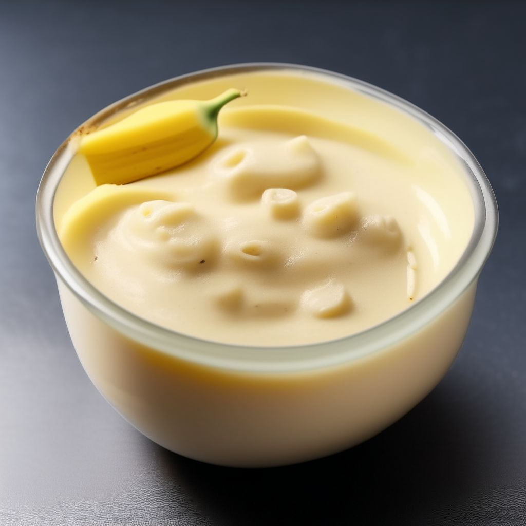 Bowl of creamy banana baby food purée, no visible pieces, photographed at a different angle with bright studio lighting and razor sharp focus