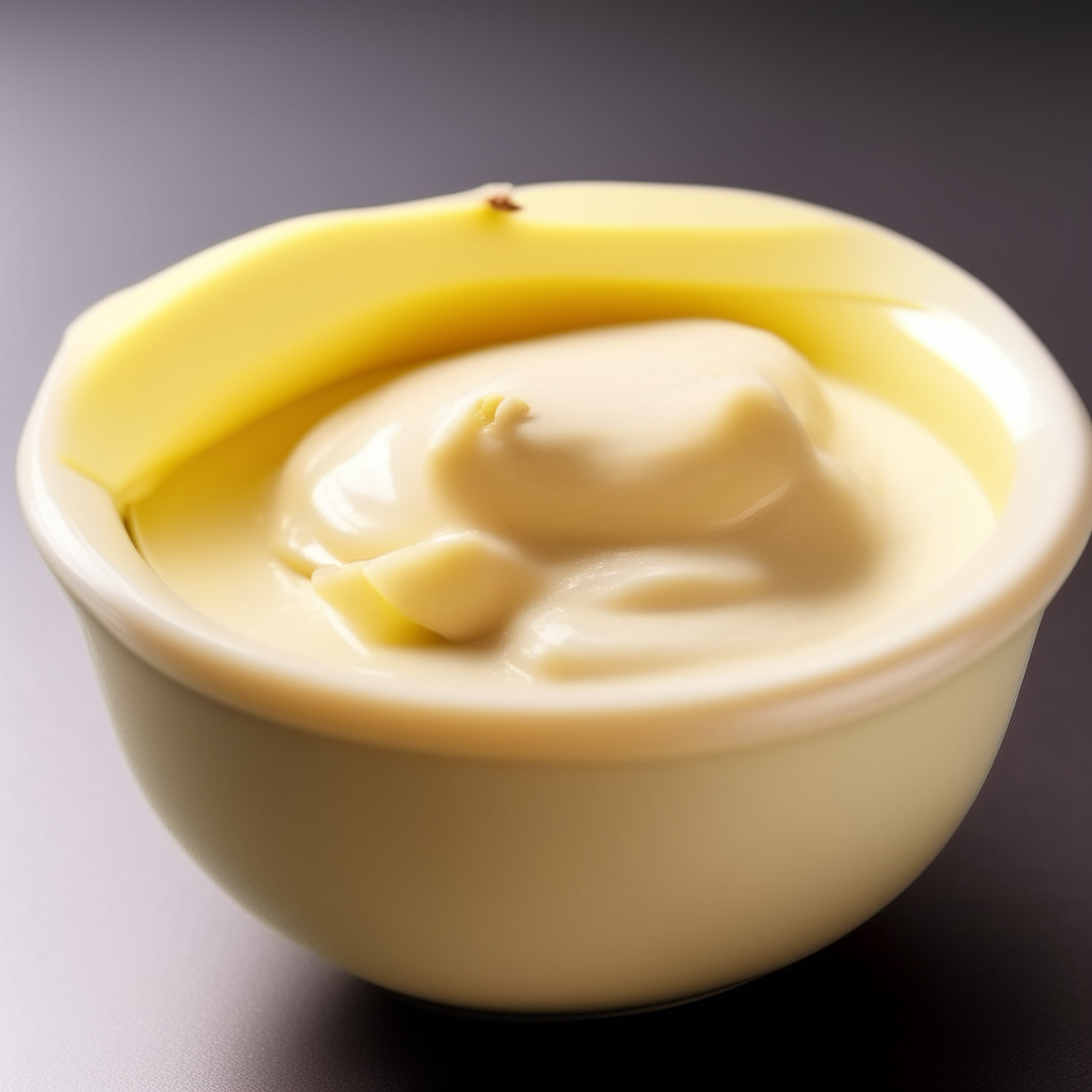 Bowl of smooth, creamy banana baby food purée, no other visible elements, photographed at an angle with bright studio lighting and razor sharp focus