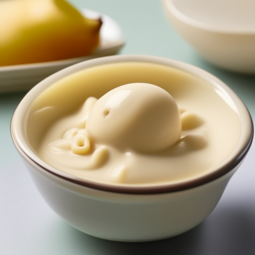 Bowl of creamy pear baby food purée, no visible pieces, photographed at a different angle with bright studio lighting and razor sharp focus