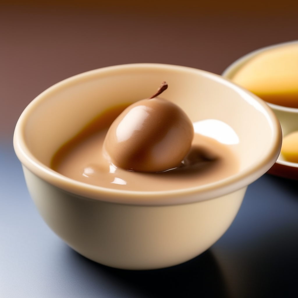 Bowl of smooth, creamy brown pear baby food purée, no visible pieces, photographed at an angle with bright studio lighting and razor sharp focus