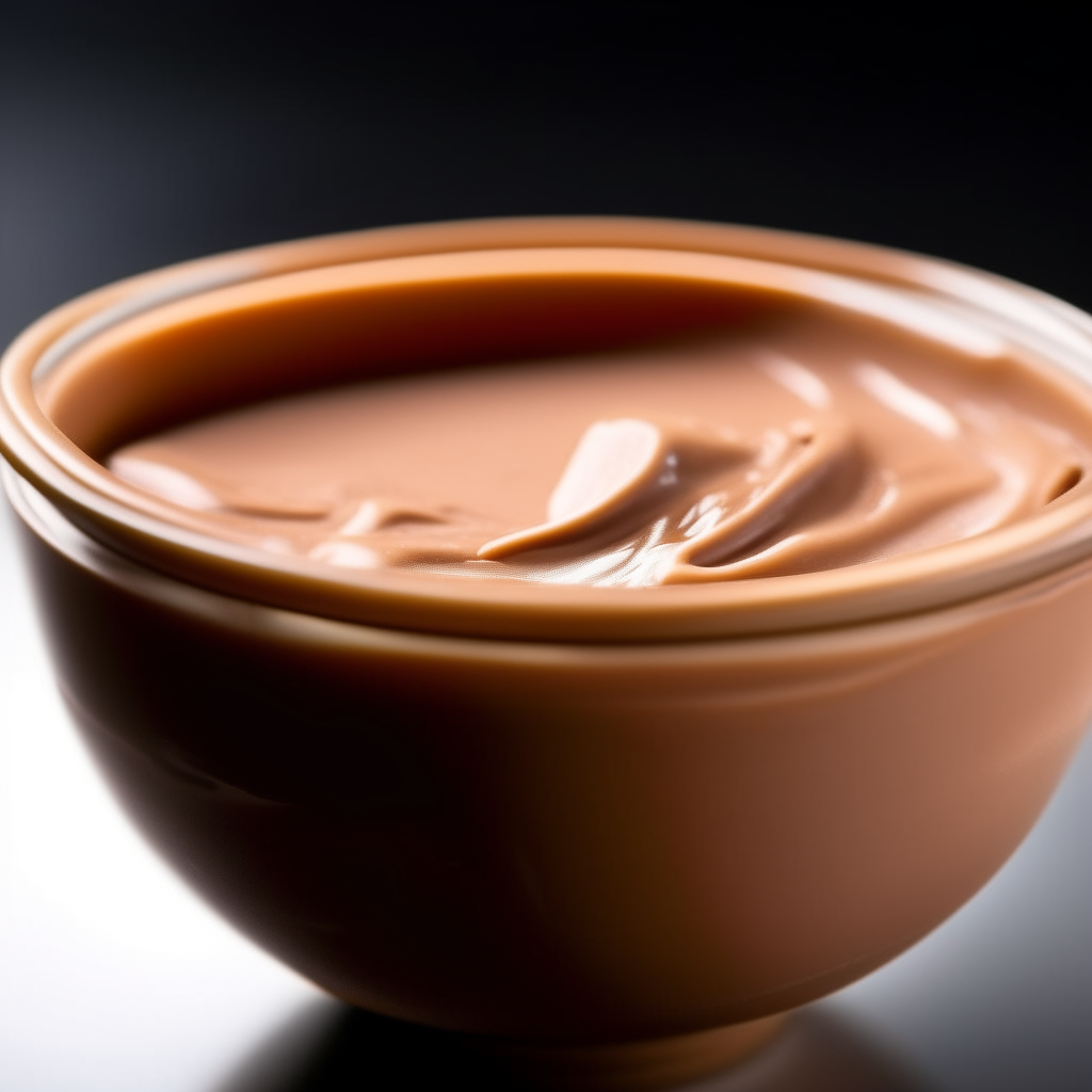 Bowl of smooth, creamy brown baby food purée, no visible pieces, photographed at an angle with bright studio lighting and razor sharp focus