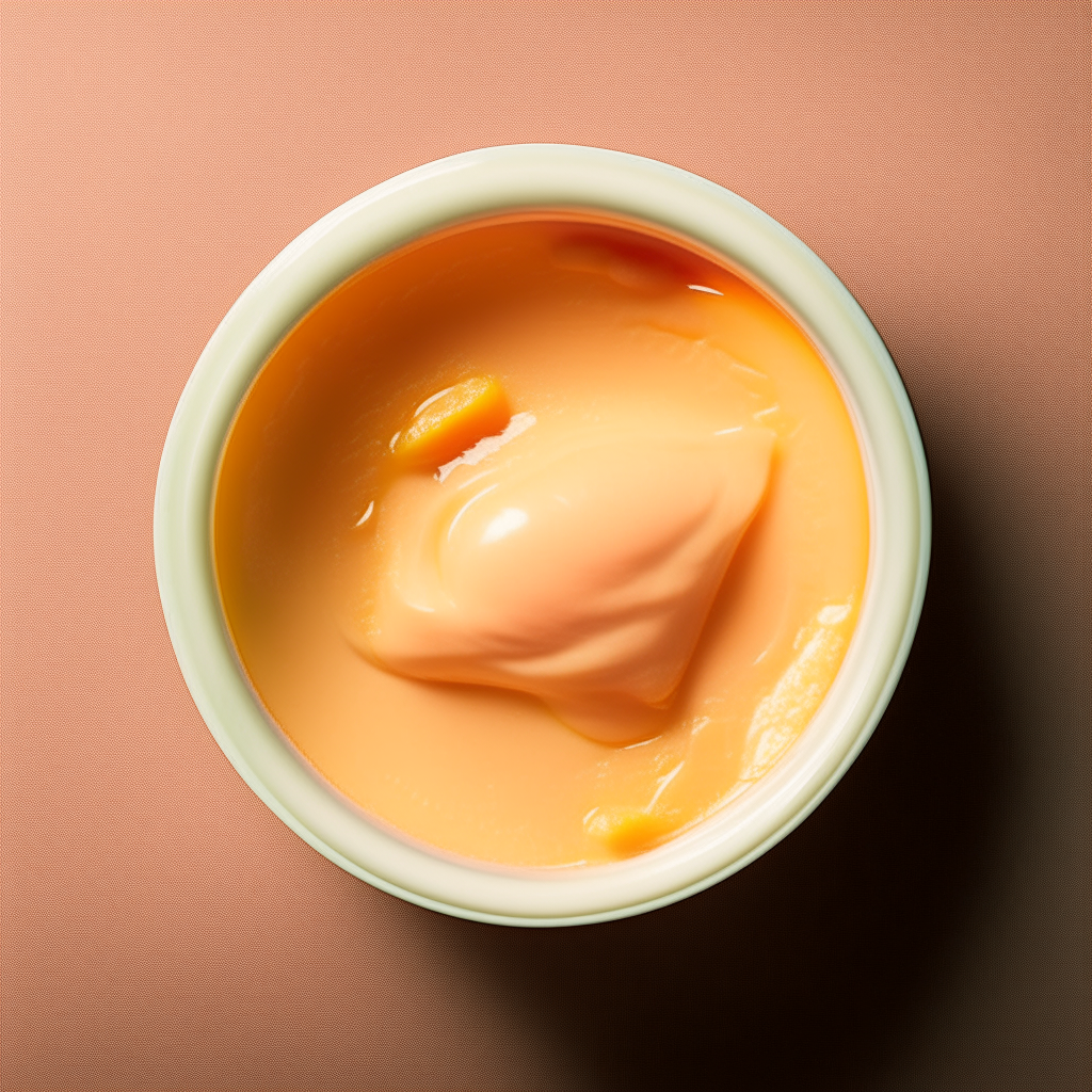 Bowl of smooth, creamy peach baby food purée, no visible pieces, photographed from above with bright studio lighting and razor sharp focus Bowl of smooth, creamy peach baby food purée, no visible pieces, photographed at an angle with bright studio lighting and razor sharp focus Bowl of smooth, creamy peach baby food purée, no visible pieces, photographed straight on with bright studio lighting and razor sharp focus