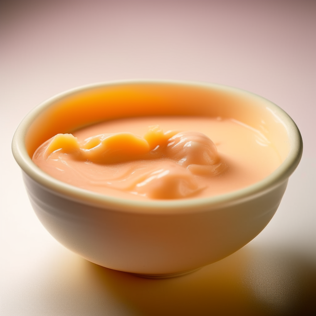 Bowl of smooth, creamy peach colored baby food purée, no visible pieces, photographed at an angle with bright studio lighting and razor sharp focus