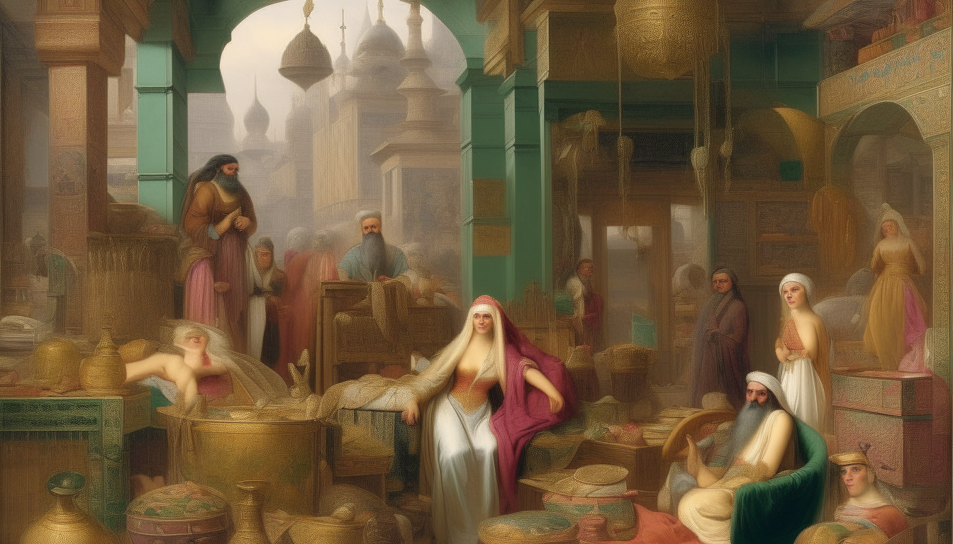 adult man with beard having a big house and money with women during biblical time