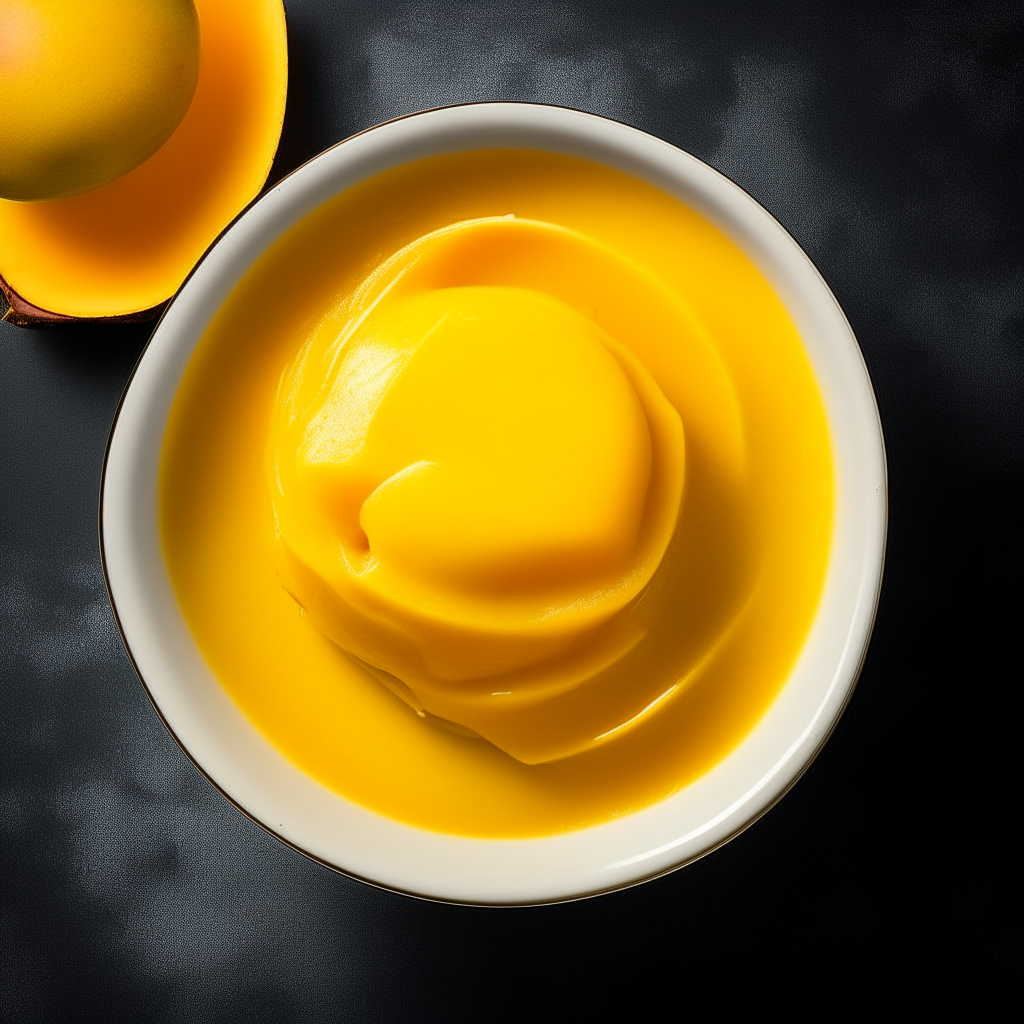 Bowl of smooth, creamy mango baby food purée, no visible pieces, photographed from above with bright studio lighting and razor sharp focus Bowl of smooth, creamy mango baby food purée, no visible pieces, photographed at an angle with bright studio lighting and razor sharp focus Bowl of smooth, creamy mango baby food purée, no visible pieces, photographed straight on with bright studio lighting and razor sharp focus