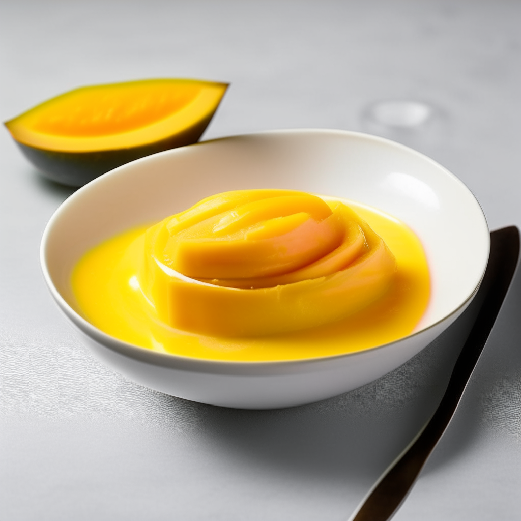 Bowl of smooth, creamy mango baby food purée, no visible pieces, photographed at an angle on a white plate with bright studio lighting and razor sharp focus