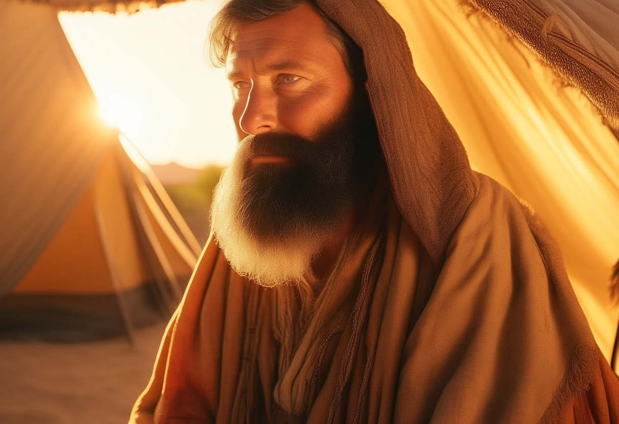 bearded man , bathed in the luxurious hues of amber, gold, and ruby in the evening in front of his tent in biblical time