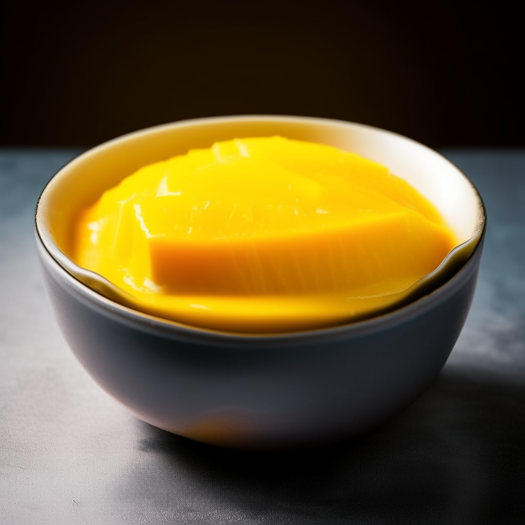 Bowl of smooth, creamy mango colored baby food purée, no visible pieces, photographed at an angle with bright studio lighting and razor sharp focus