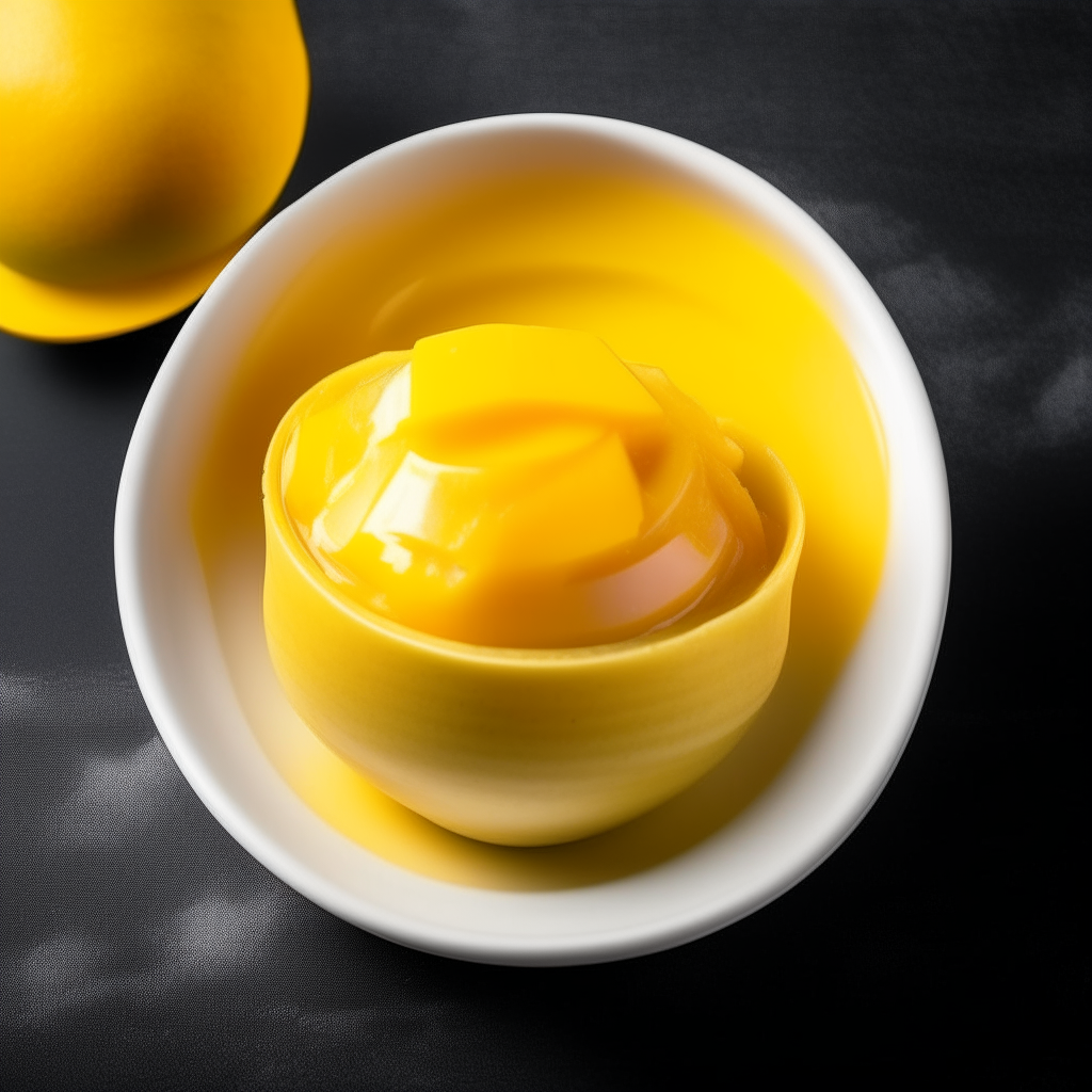 Bowl of smooth, creamy mango baby food purée in a round white bowl, photographed at an angle with bright studio lighting and razor sharp focus