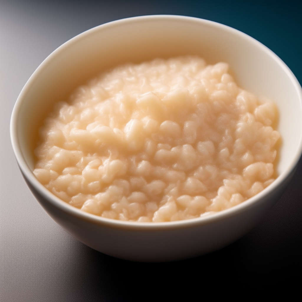 Bowl of smooth, creamy rice cereal baby food purée, no visible pieces, photographed from above with bright studio lighting and razor sharp focus Bowl of smooth, creamy rice cereal baby food purée, no visible pieces, photographed at an angle with bright studio lighting and razor sharp focus Bowl of smooth, creamy rice cereal baby food purée, no visible pieces, photographed straight on with bright studio lighting and razor sharp focus