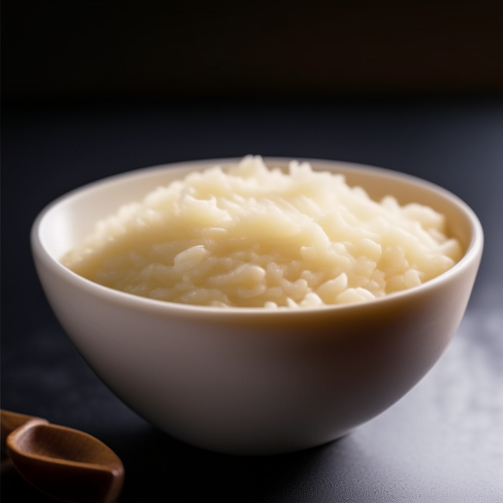 Bowl of creamy rice baby food purée, no visible pieces, photographed at a different angle with bright studio lighting and razor sharp focus