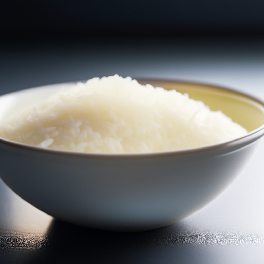 Bowl of super smooth and creamy white rice baby food purée, no visible grains or pieces, photographed at an angle with bright studio lighting and razor sharp focus