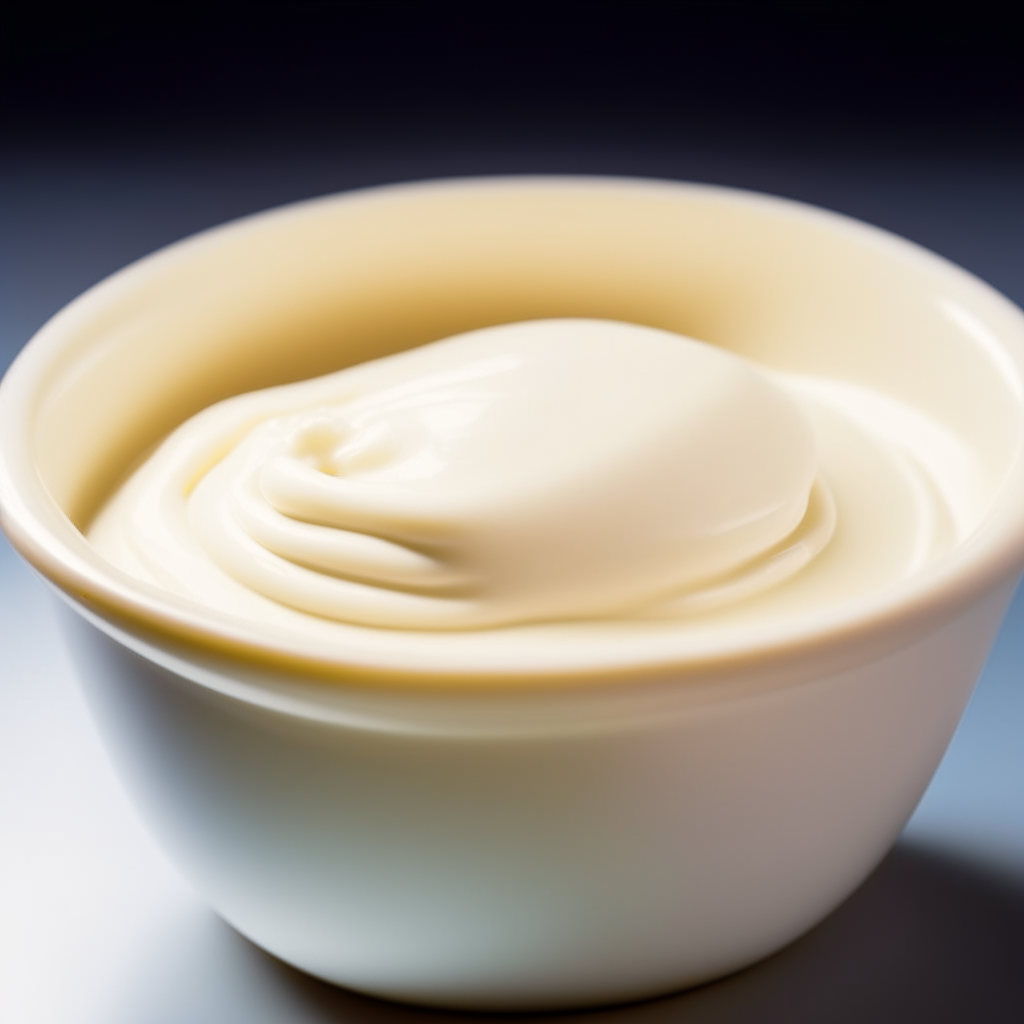 Bowl of smooth, creamy white baby food purée, no visible pieces, photographed at an angle with bright studio lighting and razor sharp focus