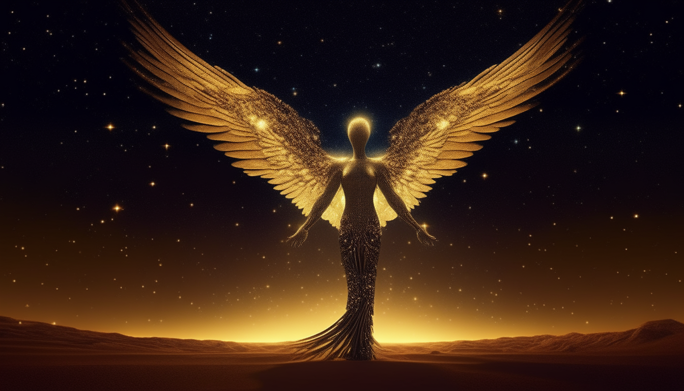 an angel transforming into tall  human form in the desert at night