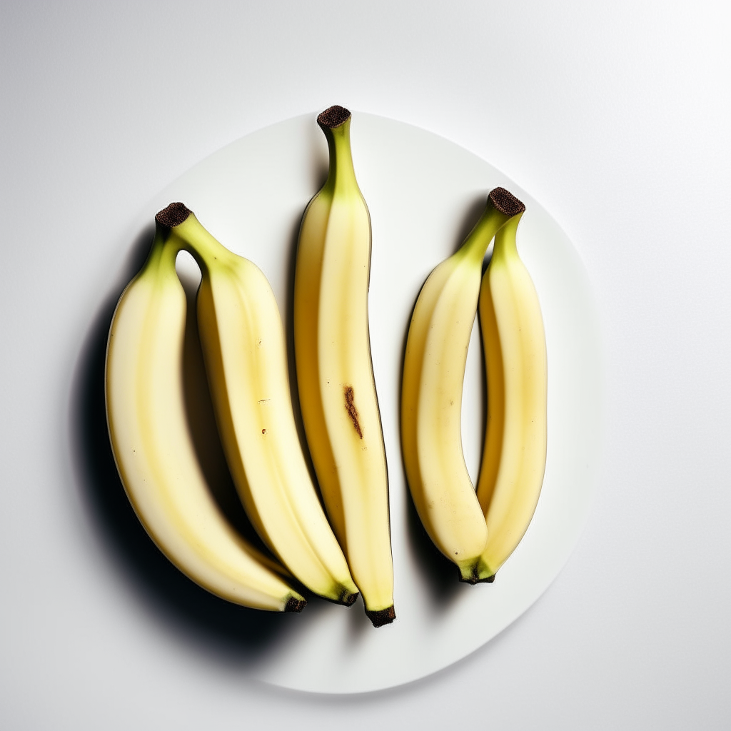 Three slices of ripe banana arranged on a white plate, photographed from above with bright studio lighting and razor sharp focus