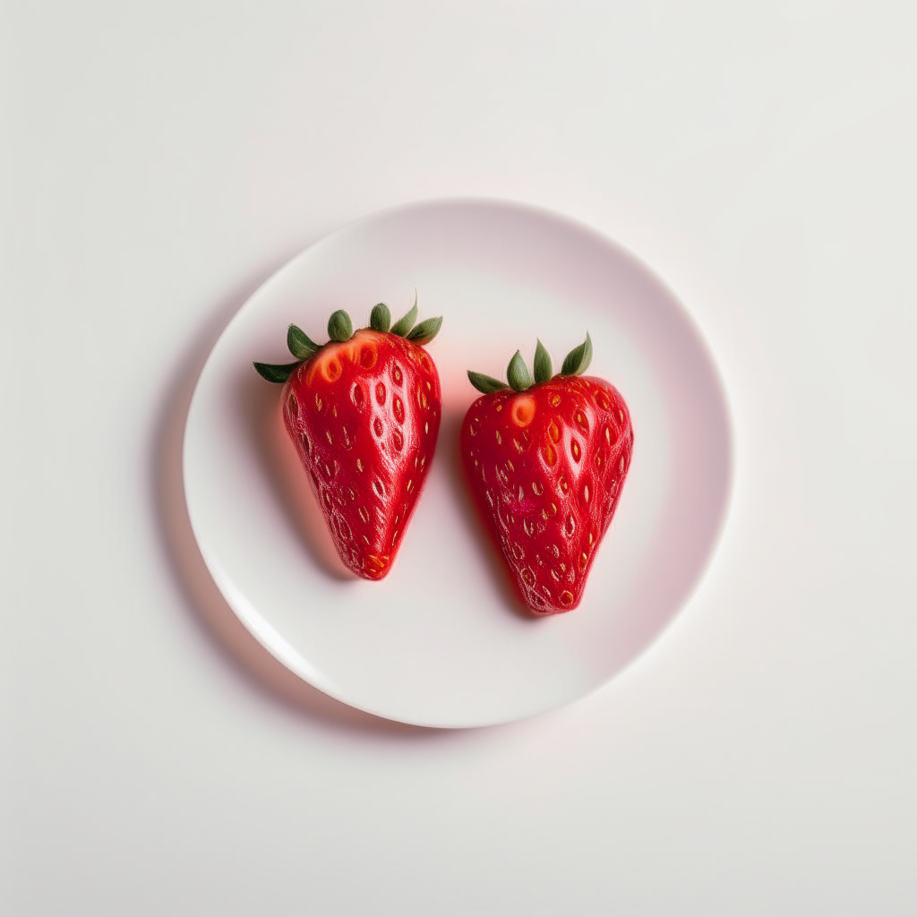 Three small slices of ripe strawberry arranged on a white plate, photographed from above with bright studio lighting and razor sharp focus