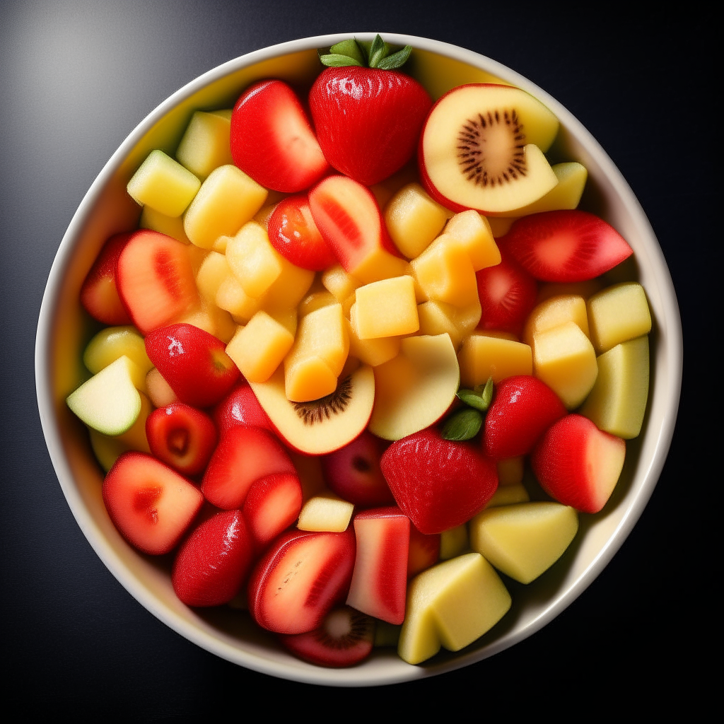 A bowl of fruit salad containing slices of strawberry, apple and banana, arranged attractively, photographed from above with bright studio lighting and razor sharp focus