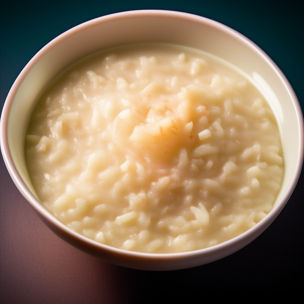 Bowl of creamy rice porridge baby food, no visible pieces, photographed from above with bright studio lighting and razor sharp focus Bowl of creamy rice porridge baby food, no visible pieces, photographed at an angle with bright studio lighting and razor sharp focus Bowl of creamy rice porridge baby food, no visible pieces, photographed straight on with bright studio lighting and razor sharp focus