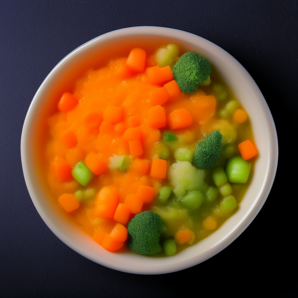 Bowl of mashed veggie baby food with carrots, peas, potatoes, no visible pieces, photographed from above with bright studio lighting and razor sharp focus Bowl of mashed veggie baby food with carrots, peas, potatoes, no visible pieces, photographed at an angle with bright studio lighting and razor sharp focus Bowl of mashed veggie baby food with carrots, peas, potatoes, no visible pieces, photographed straight on with bright studio lighting and razor sharp focus