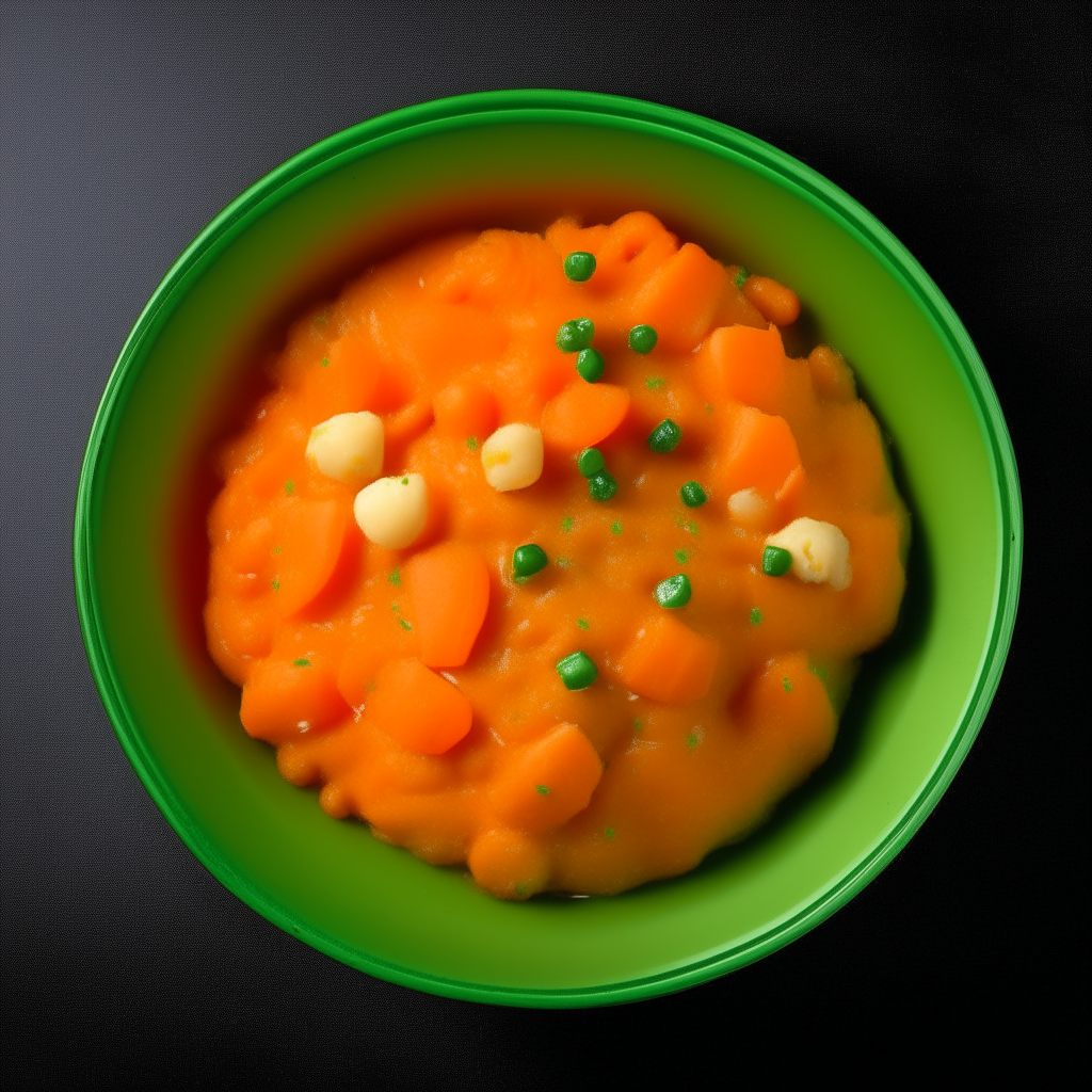 Bowl of smooth mashed sweet potato, peas and carrot baby food, no visible pieces, photographed from above with bright studio lighting and razor sharp focus Bowl of smooth mashed sweet potato, peas and carrot baby food, no visible pieces, photographed at an angle with bright studio lighting and razor sharp focus Bowl of smooth mashed sweet potato, peas and carrot baby food, no visible pieces, photographed straight on with bright studio lighting and razor sharp focus