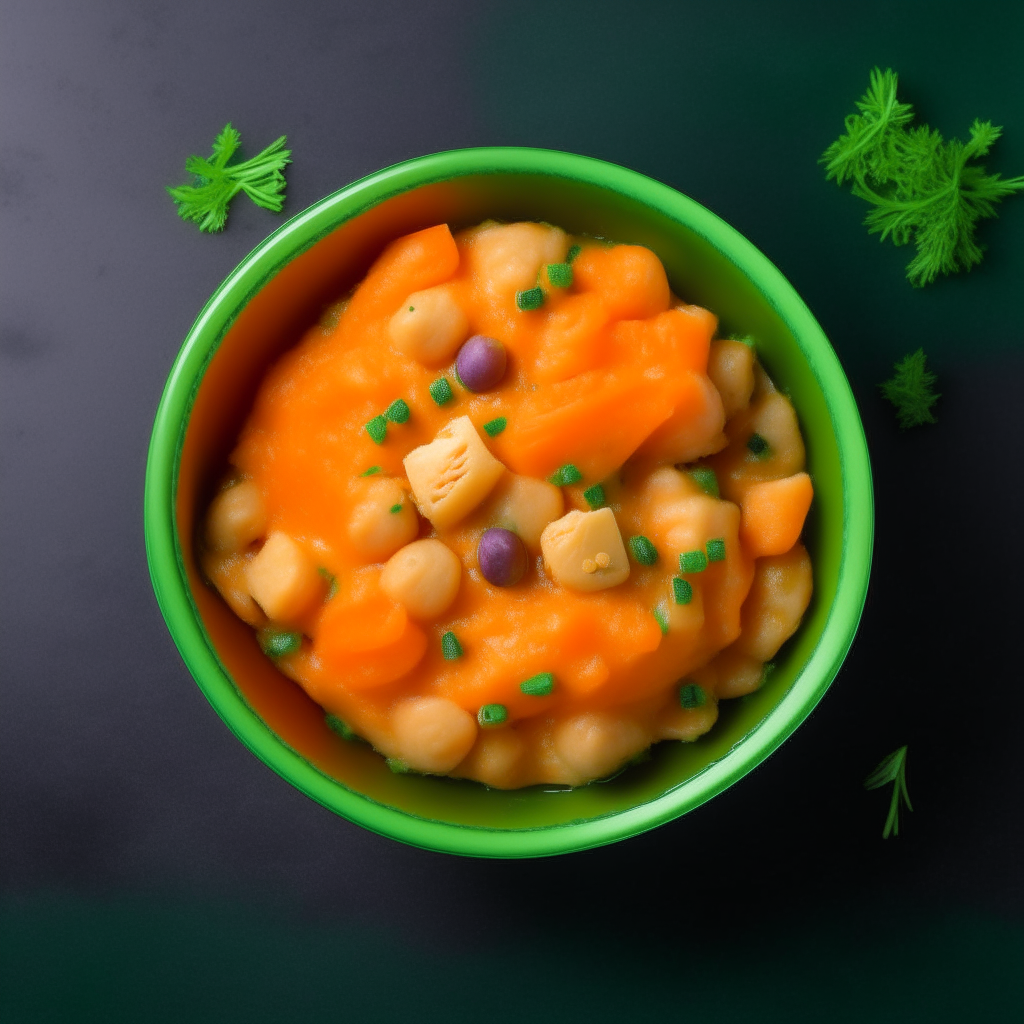 Bowl of smooth mashed sweet potato, carrot and lots of peas baby food, no visible pieces, photographed from above with bright studio lighting and razor sharp focus