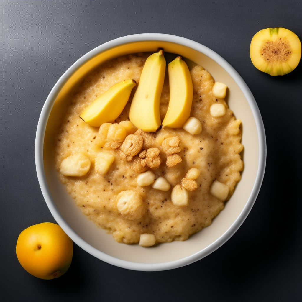 Bowl of smooth baby cereal mixed with mashed banana, photographed from above with bright studio lighting and razor sharp focus Bowl of smooth baby cereal mixed with mashed peach, photographed from above with bright studio lighting and razor sharp focus Bowl of smooth baby cereal mixed with mashed pear, photographed from above with bright studio lighting and razor sharp focus