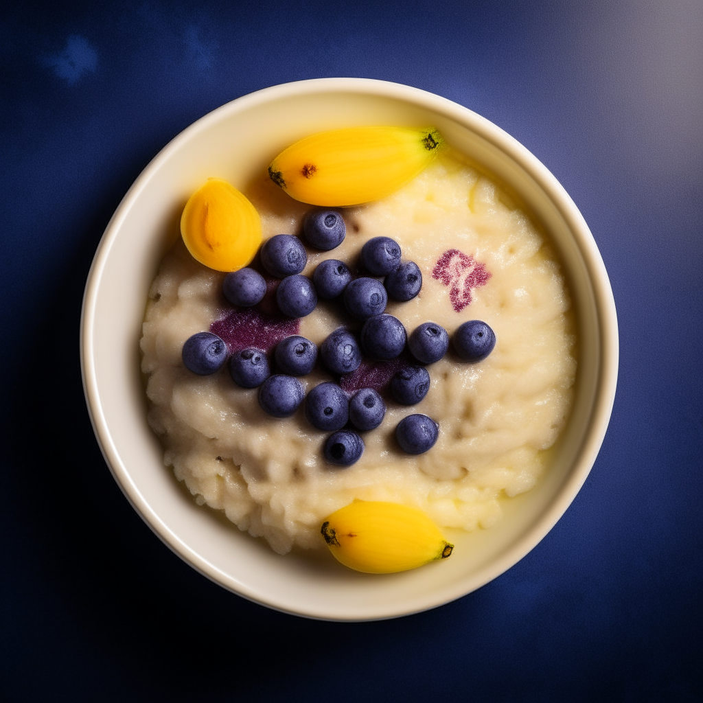 Bowl of smooth rice, banana and blueberry puree for babies, no visible pieces, photographed from above with bright studio lighting and razor sharp focus