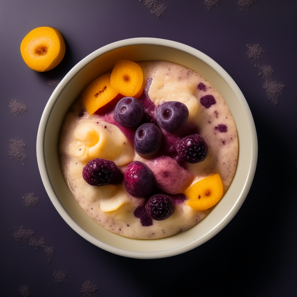 Bowl of smooth banana, mixed berry and rice puree for babies 6-9 months old, no visible pieces, photographed from above with bright studio lighting and razor sharp focus