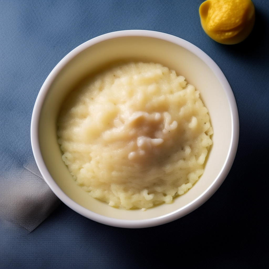 Bowl of smooth rice and banana puree for babies 6-9 months old, no visible pieces, photographed from above with bright studio lighting and razor sharp focus