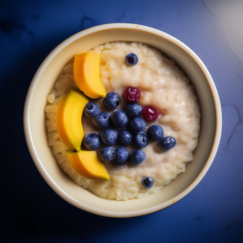 Bowl of smooth rice, banana and blueberry puree for babies 6-9 months old, no visible pieces, photographed from above with bright studio lighting and razor sharp focus