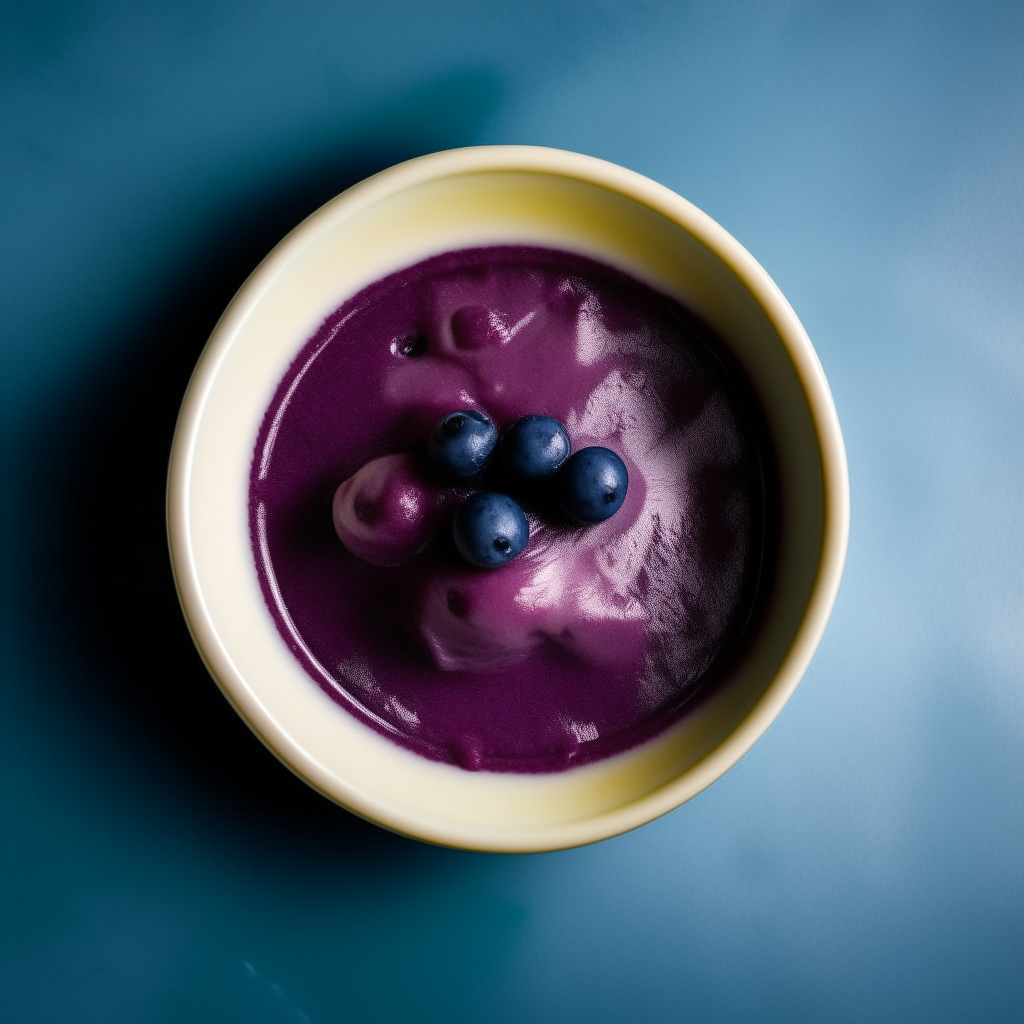 Bowl of smooth blueberry puree for babies 6-9 months old, no visible pieces, photographed from above with bright studio lighting and razor sharp focus