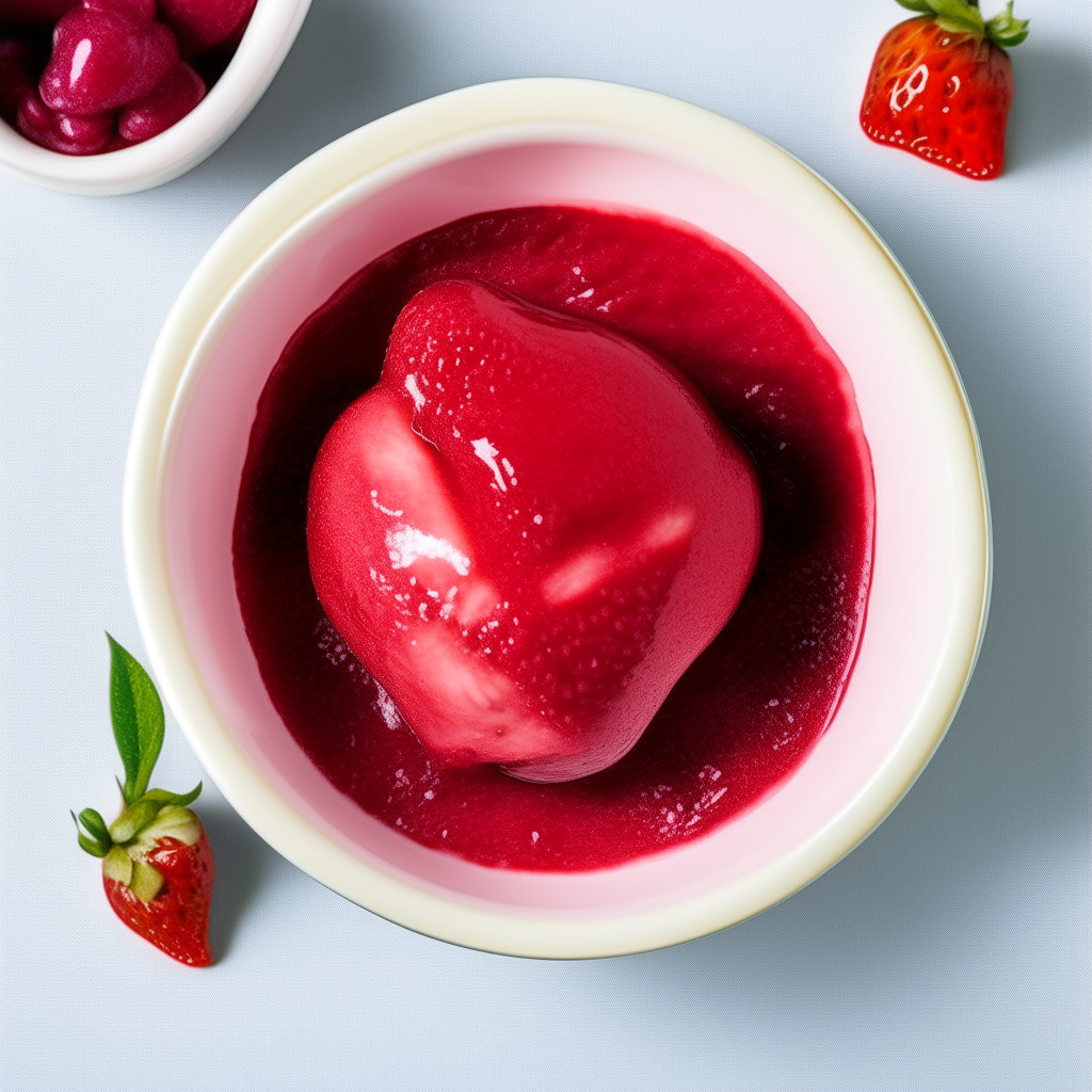 Bowl of smooth strawberry puree for babies 6-9 months old, no visible pieces, photographed from above with bright studio lighting and razor sharp focus Bowl of smooth blueberry puree for babies 6-9 months old, no visible pieces, photographed from above with bright studio lighting and razor sharp focus Bowl of smooth raspberry puree for babies 6-9 months old, no visible pieces, photographed from above with bright studio lighting and razor sharp focus