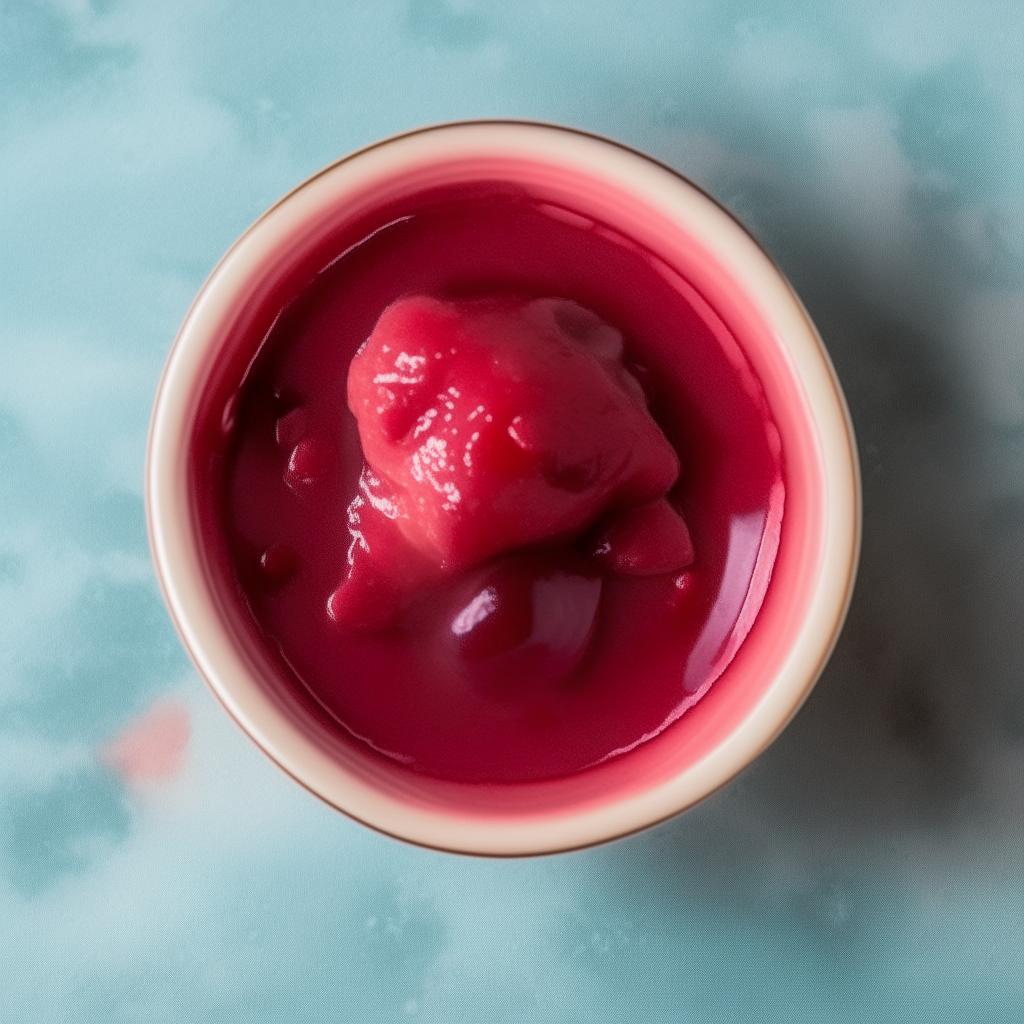 Bowl of smooth cranberry puree for babies 6-9 months old, no visible pieces, photographed from above with bright studio lighting and razor sharp focus