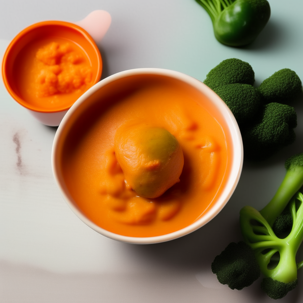 Bowl of smooth steamed carrot puree for babies 6-9 months old, no visible pieces, photographed from above with bright studio lighting and razor sharp focus Bowl of smooth steamed broccoli puree for babies 6-9 months old, no visible pieces, photographed from above with bright studio lighting and razor sharp focus Bowl of smooth steamed sweet potato puree for babies 6-9 months old, no visible pieces, photographed from above with bright studio lighting and razor sharp focus