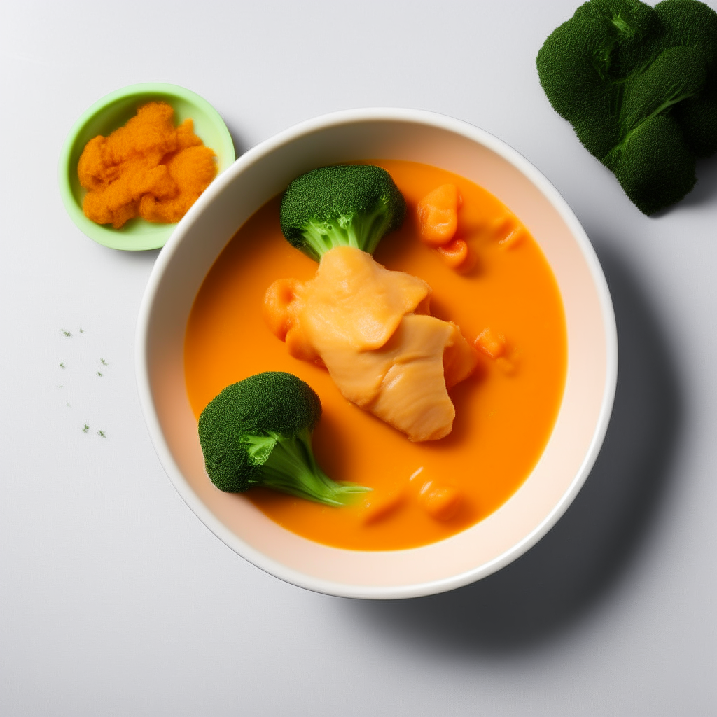 Bowl of smooth chicken and carrot puree for babies 6-9 months old, no visible pieces, photographed from above with bright studio lighting and razor sharp focus Bowl of smooth chicken and sweet potato puree for babies 6-9 months old, no visible pieces, photographed from above with bright studio lighting and razor sharp focus Bowl of smooth chicken and broccoli puree for babies 6-9 months old, no visible pieces, photographed from above with bright studio lighting and razor sharp focus