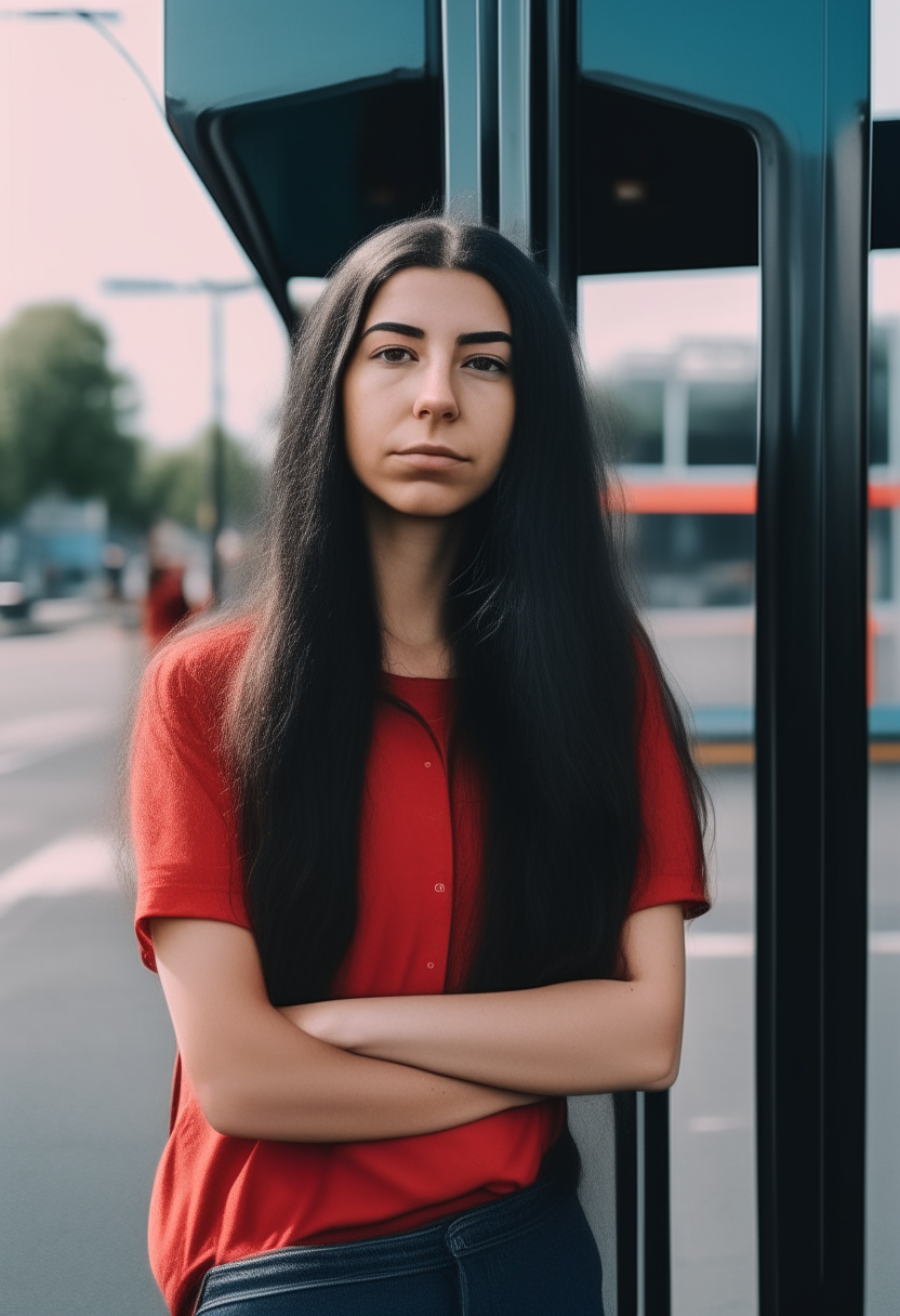 woman with long dark hair wearing a red shirt standing at a bus stop