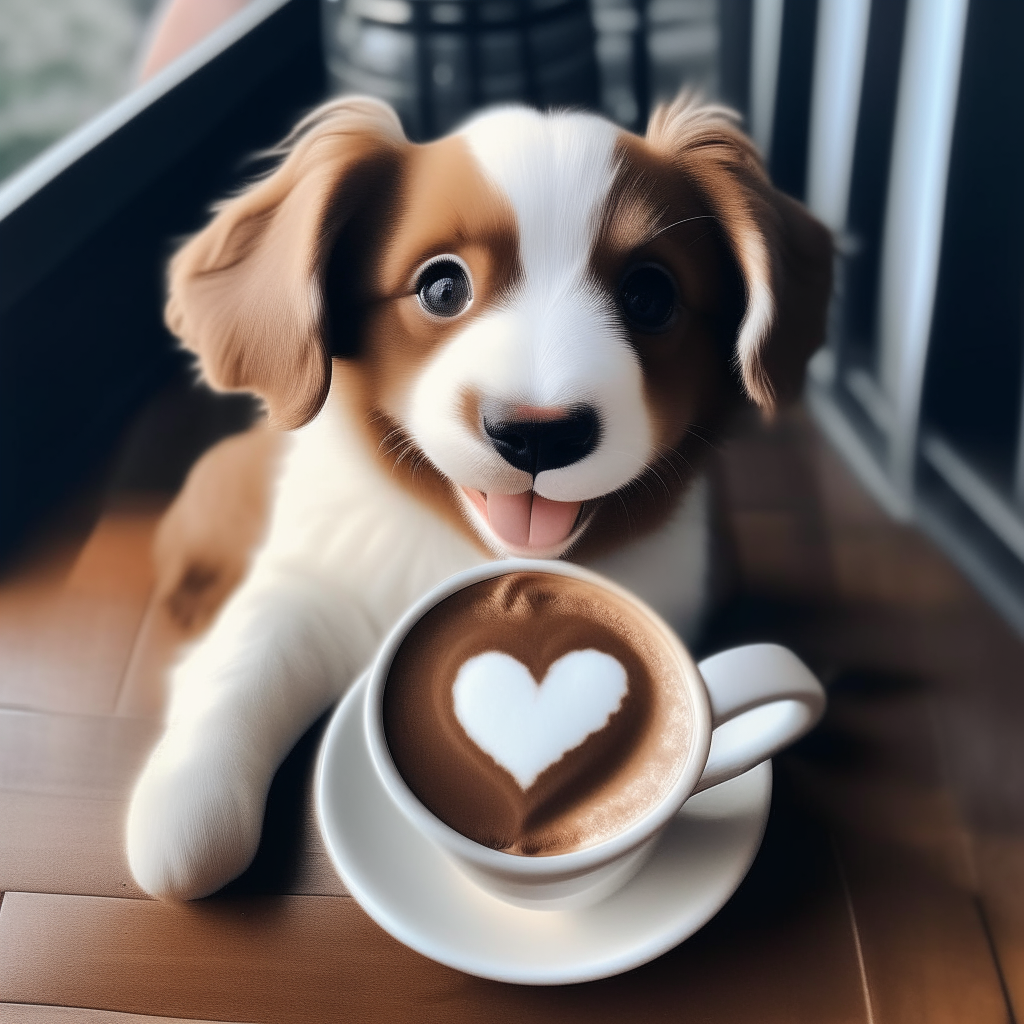 a happy puppy drinking a latte with heart-shaped foam art