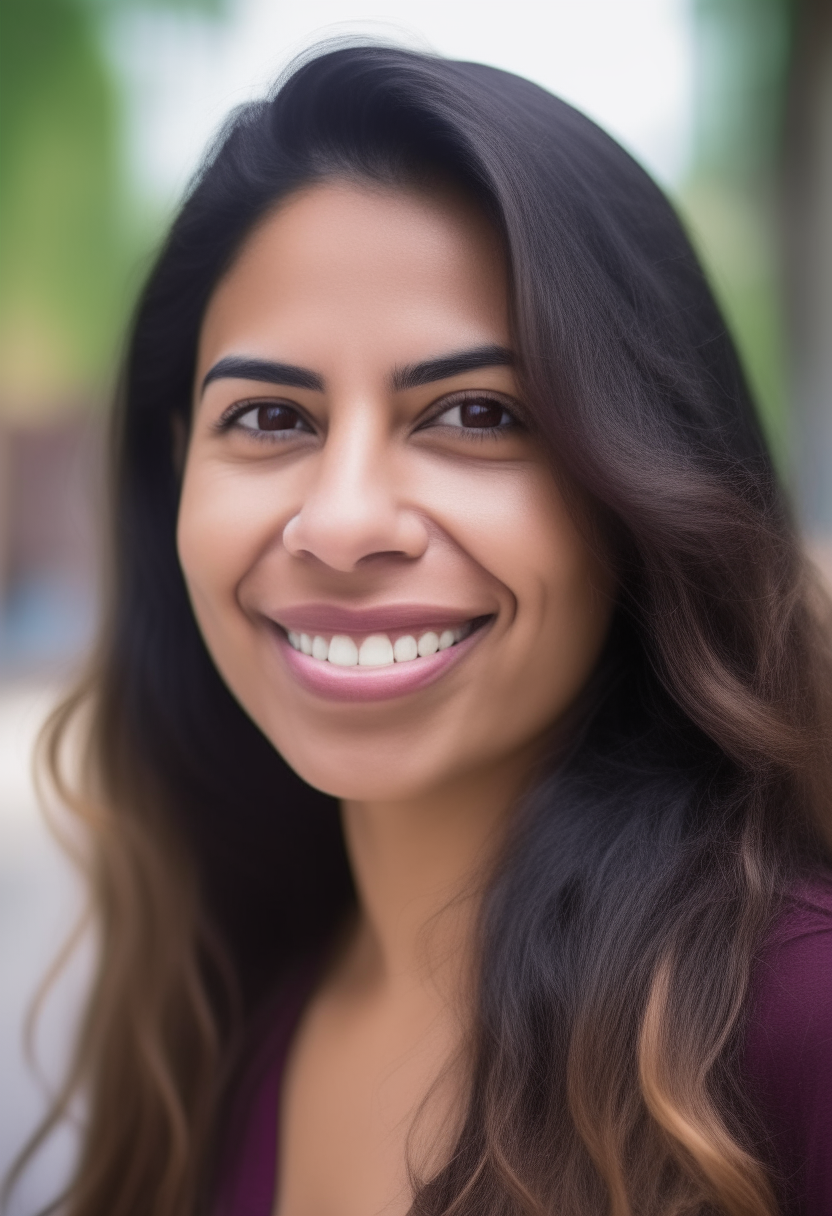 headshot portrait of a beautiful 30 year old Puerto Rican woman with long dark hair, standing outdoors smiling, sharp focus