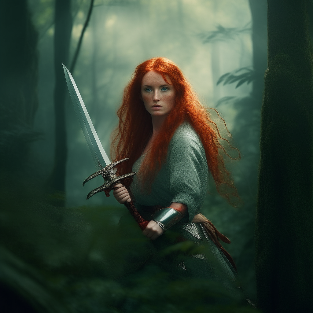 a woman with long red hair wielding a sword in a mystical forest