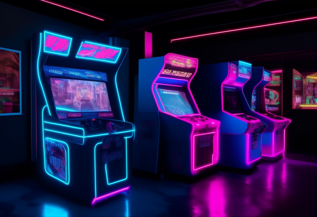 generate image arcade station with gilrs and boys gaming and glowing neon blue and pink. Quality 8k