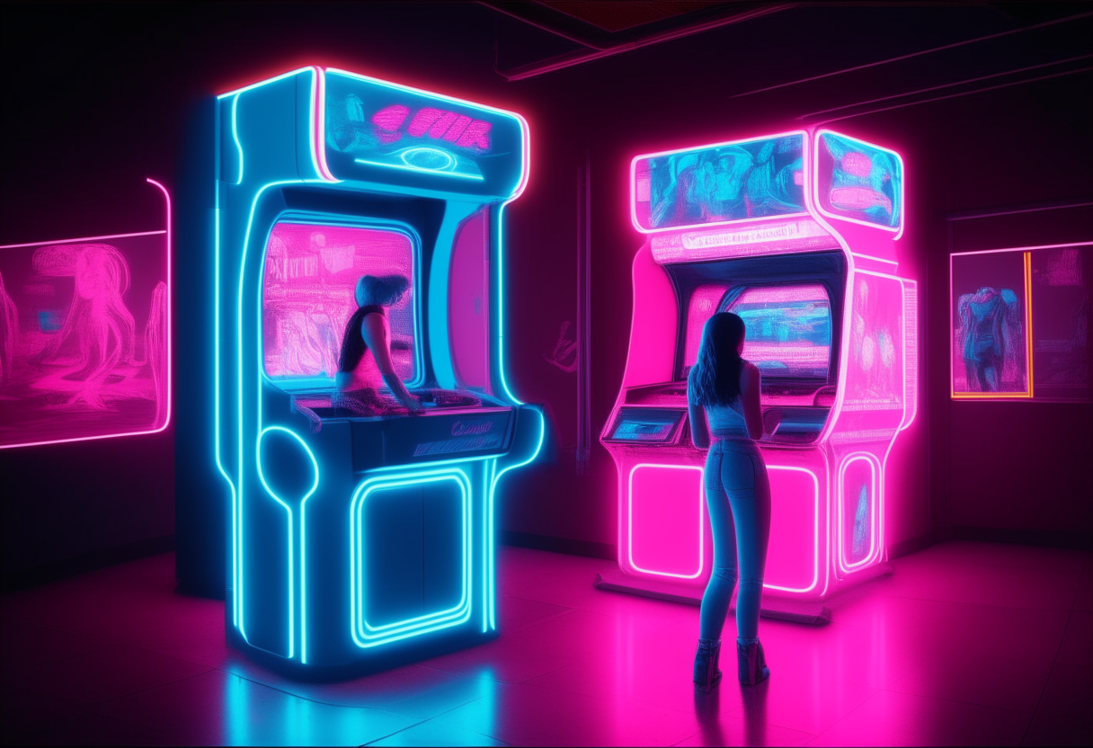 generate image arcade station with womans playing. lights neon blue and pink. and Quality image 8k