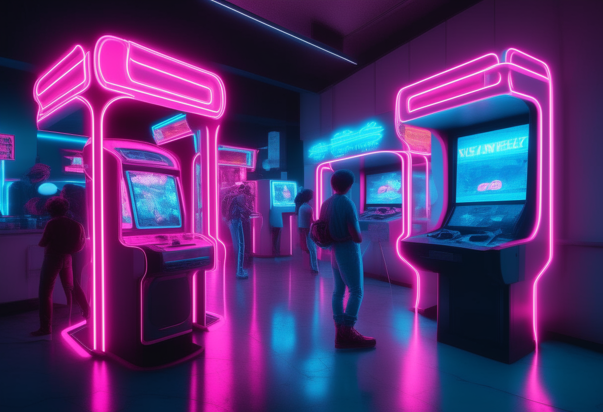 generate image arcade station with peoples playing. lights neon blue and pink. and Quality image 8k