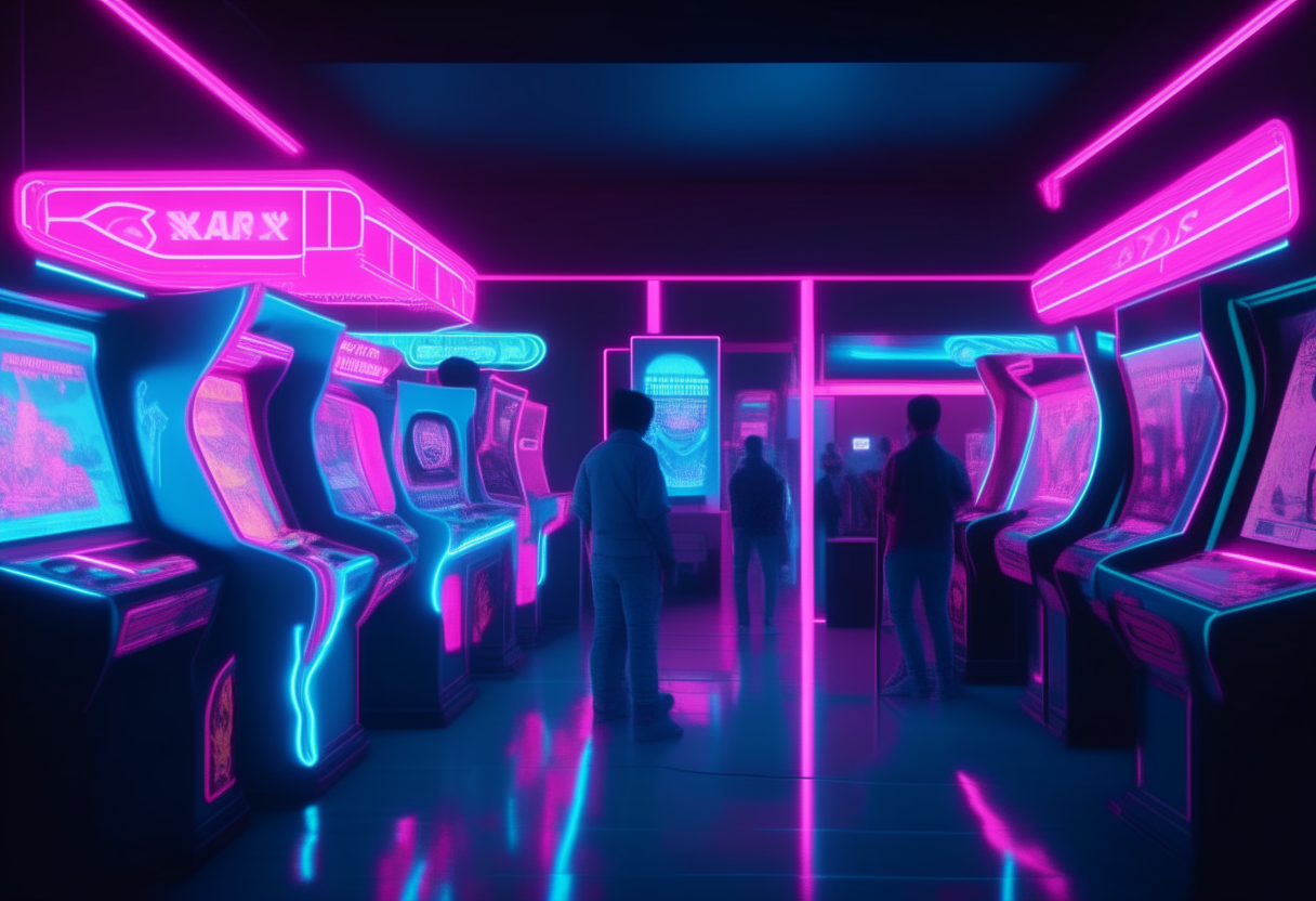 generate image arcade station with various peoples playing. lights neon blue and pink. and Quality image 8k