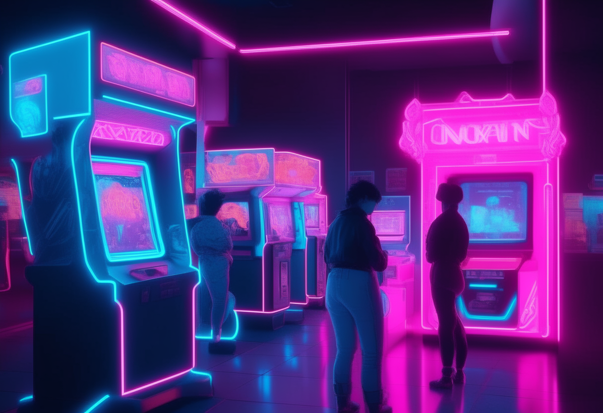 generate image arcade station with various peoples playing. lights neon blue and pink. and Quality image 8k