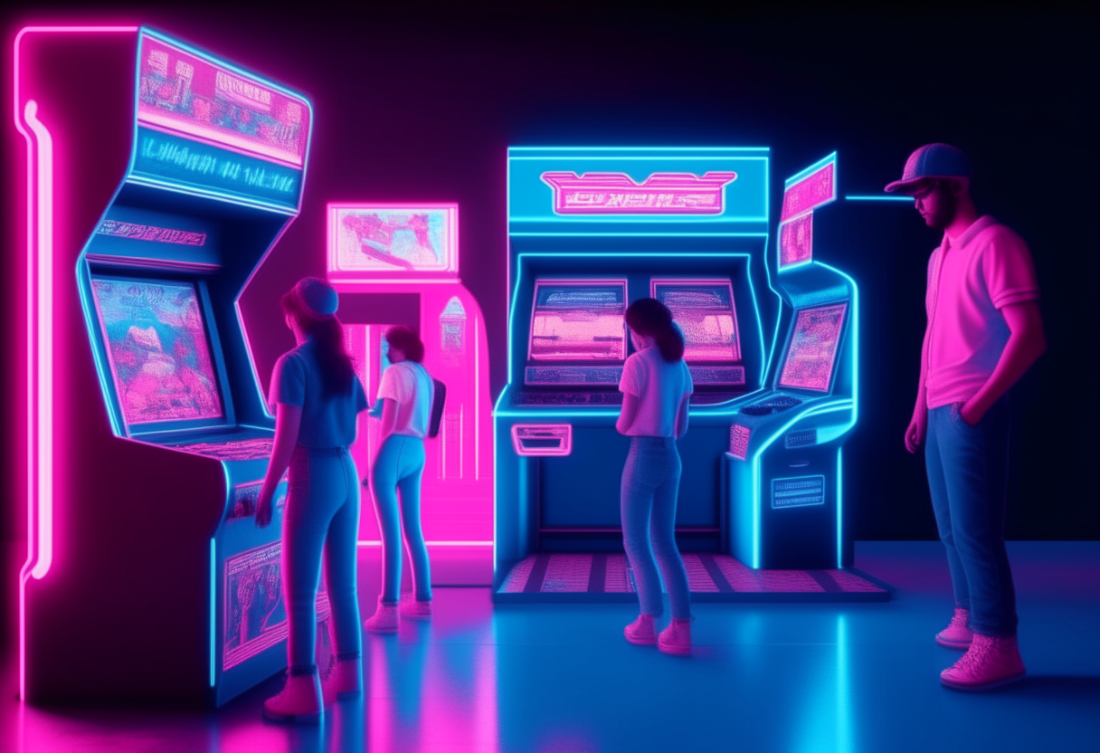 arcade station 80s with peoples playing, light neon blue and pink. Image high quality

