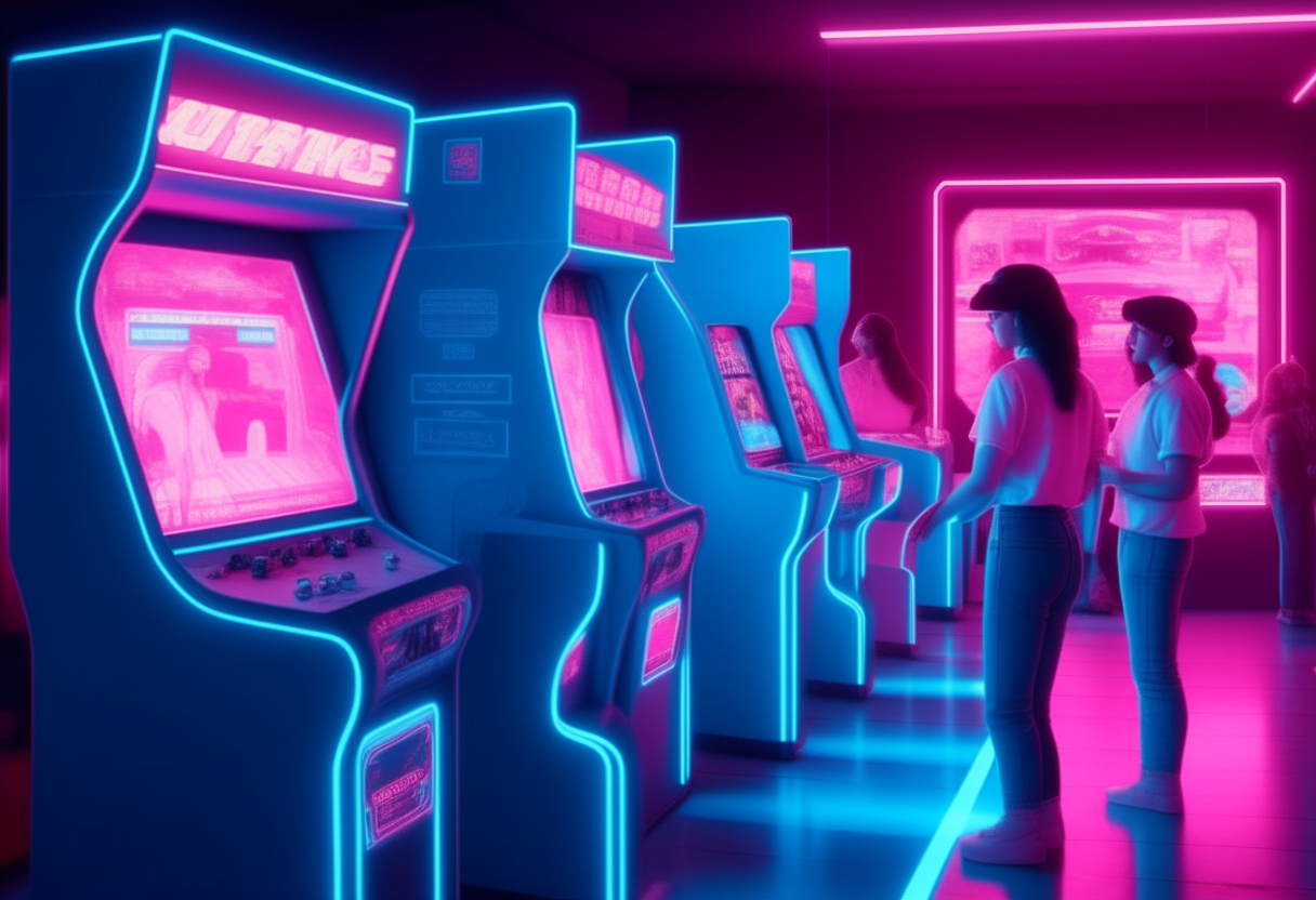 arcade station 80s with peoples playing, light neon blue and pink. Image high quality
