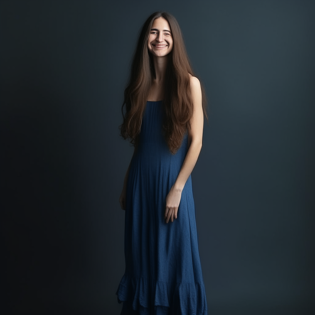 a full body portrait of a smiling woman with long hair, wearing a blue dress