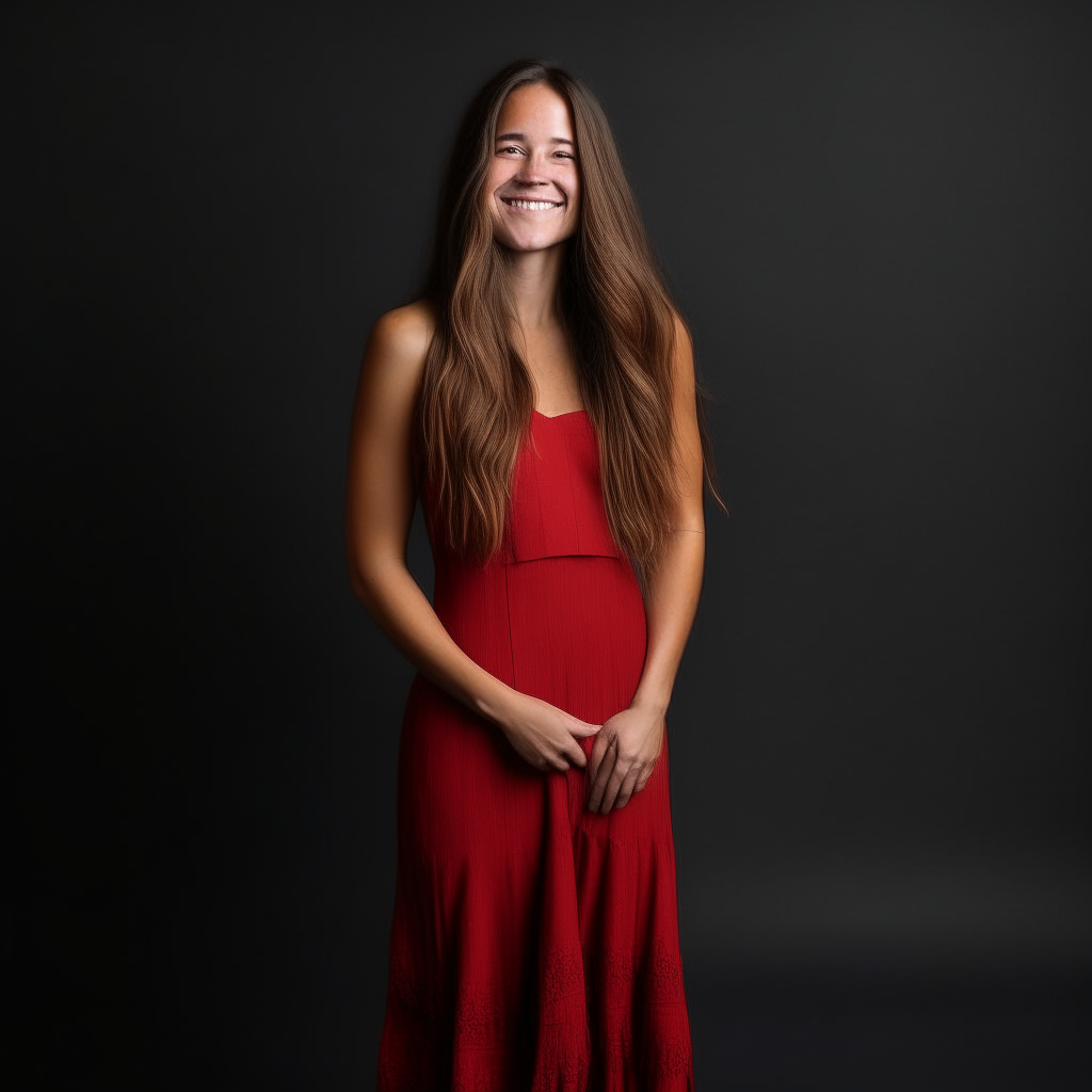 a full body portrait of a smiling woman with long hair, wearing a red dress