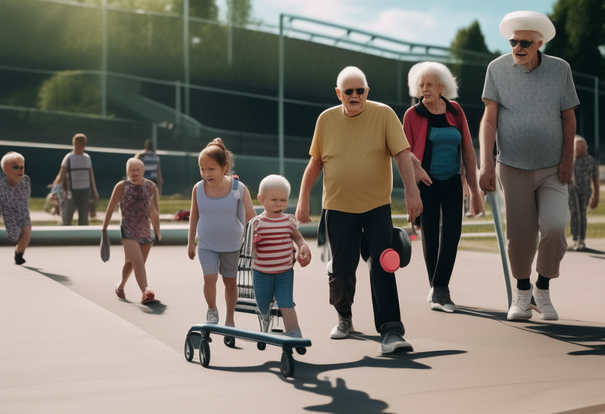 a running track with people of different ages walking on it, including a baby being pushed in a stroller and an elderly man with a cane